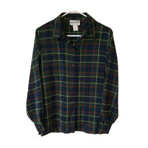 Pendleton Women's Size 12 Long Sleeve Button Down Shirt Green 100% Silk Vintage
